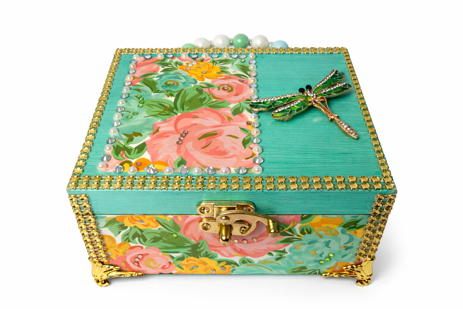 Teal Floral Dragonfly Cigar Box Purse – One of a Kind