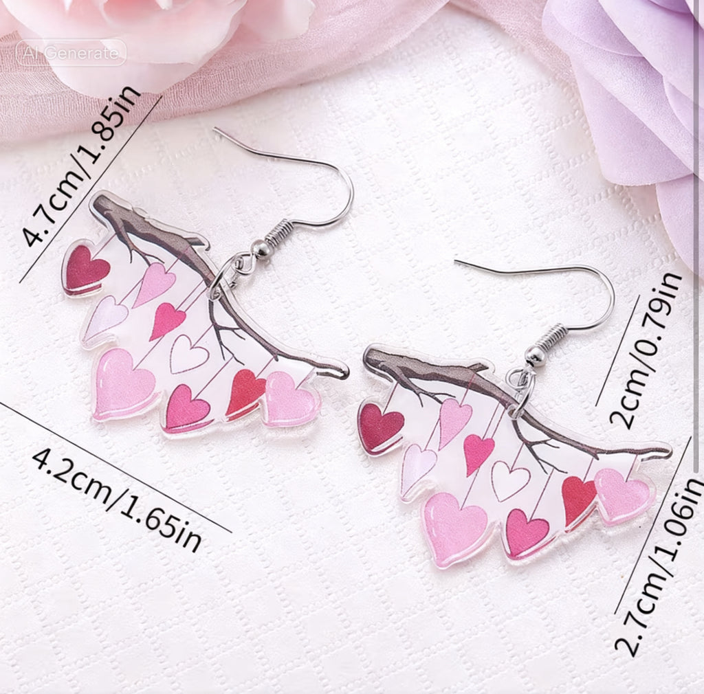 Acrylic Earrings Hearts Dangling From A Branch.