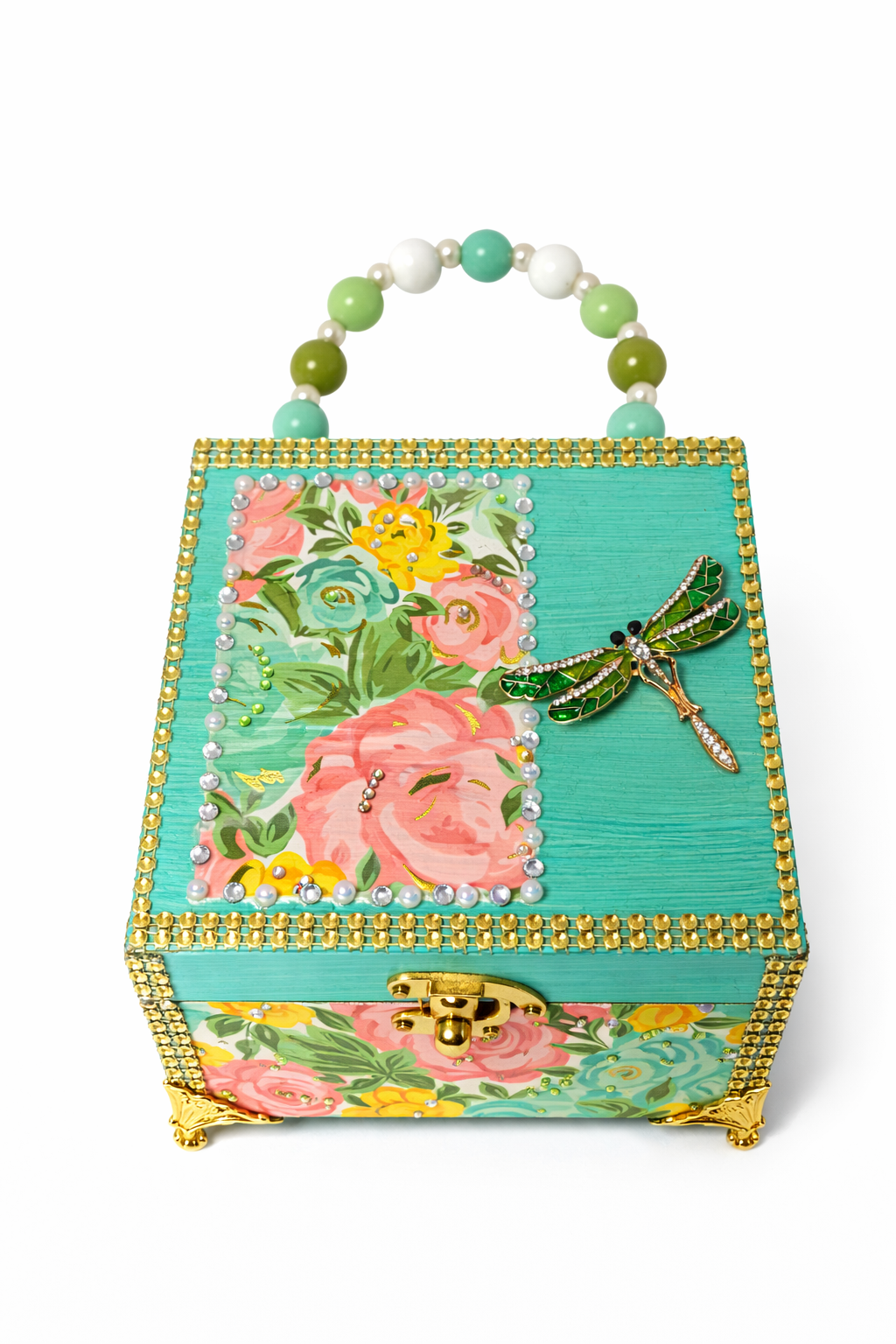 Teal Floral Dragonfly Cigar Box Purse – One of a Kind