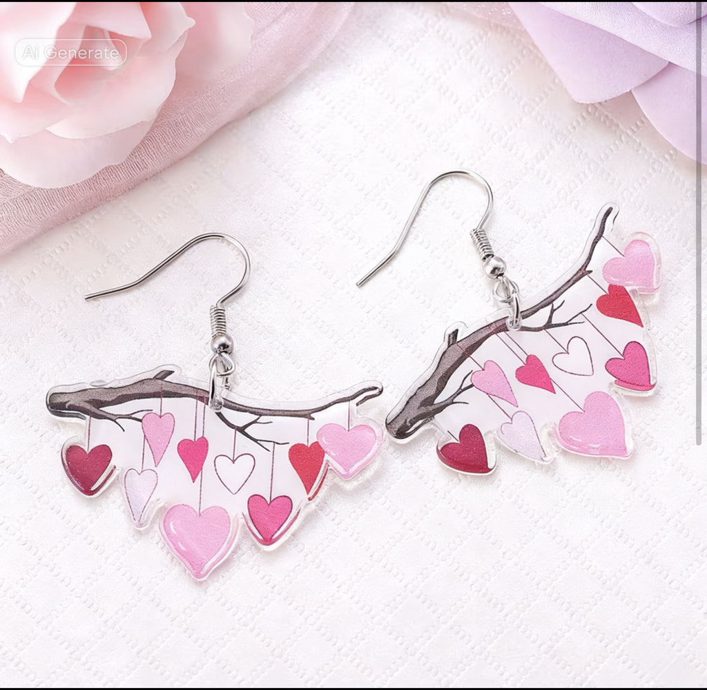 Acrylic Earrings Hearts Dangling From A Branch.