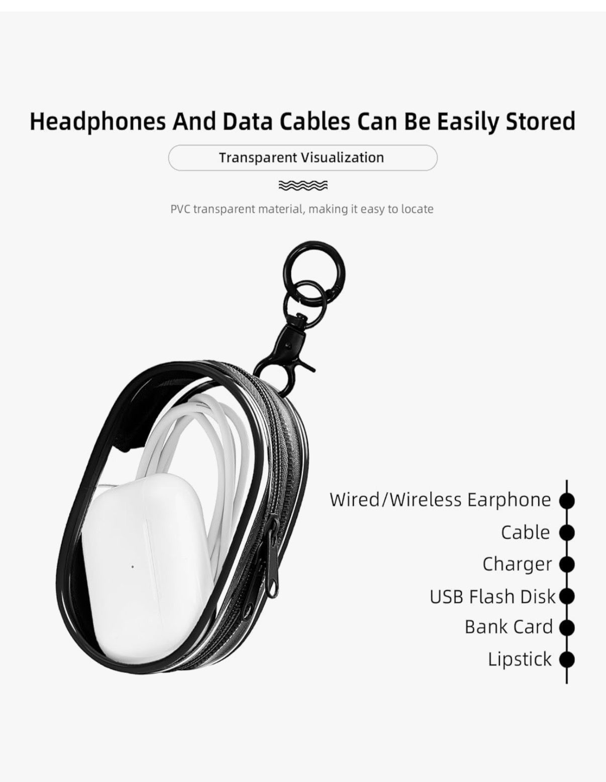 Clear Mini Clip Case with Clip | Cute Earbud & Accessory Pouch Black or White