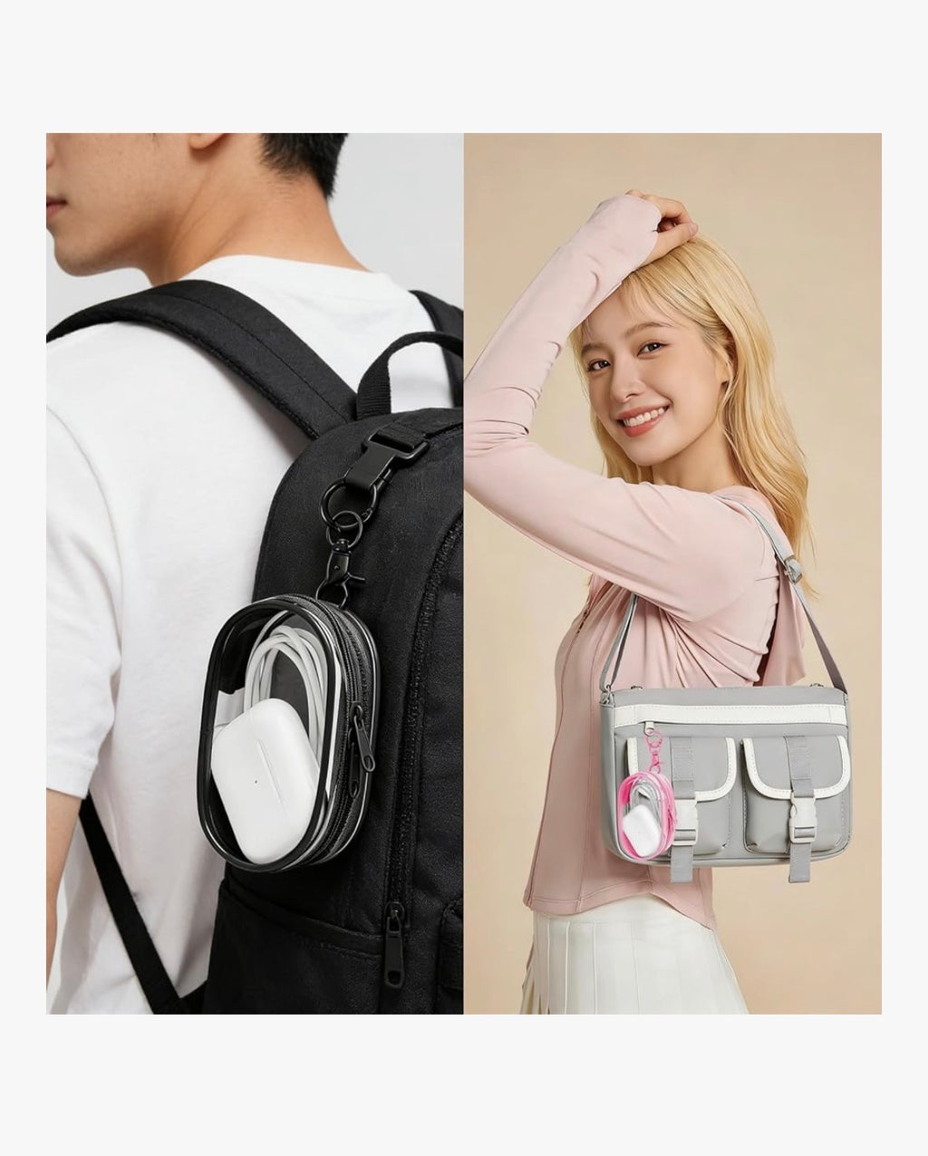 Clear Mini Clip Case with Clip | Cute Earbud & Accessory Pouch Black or White