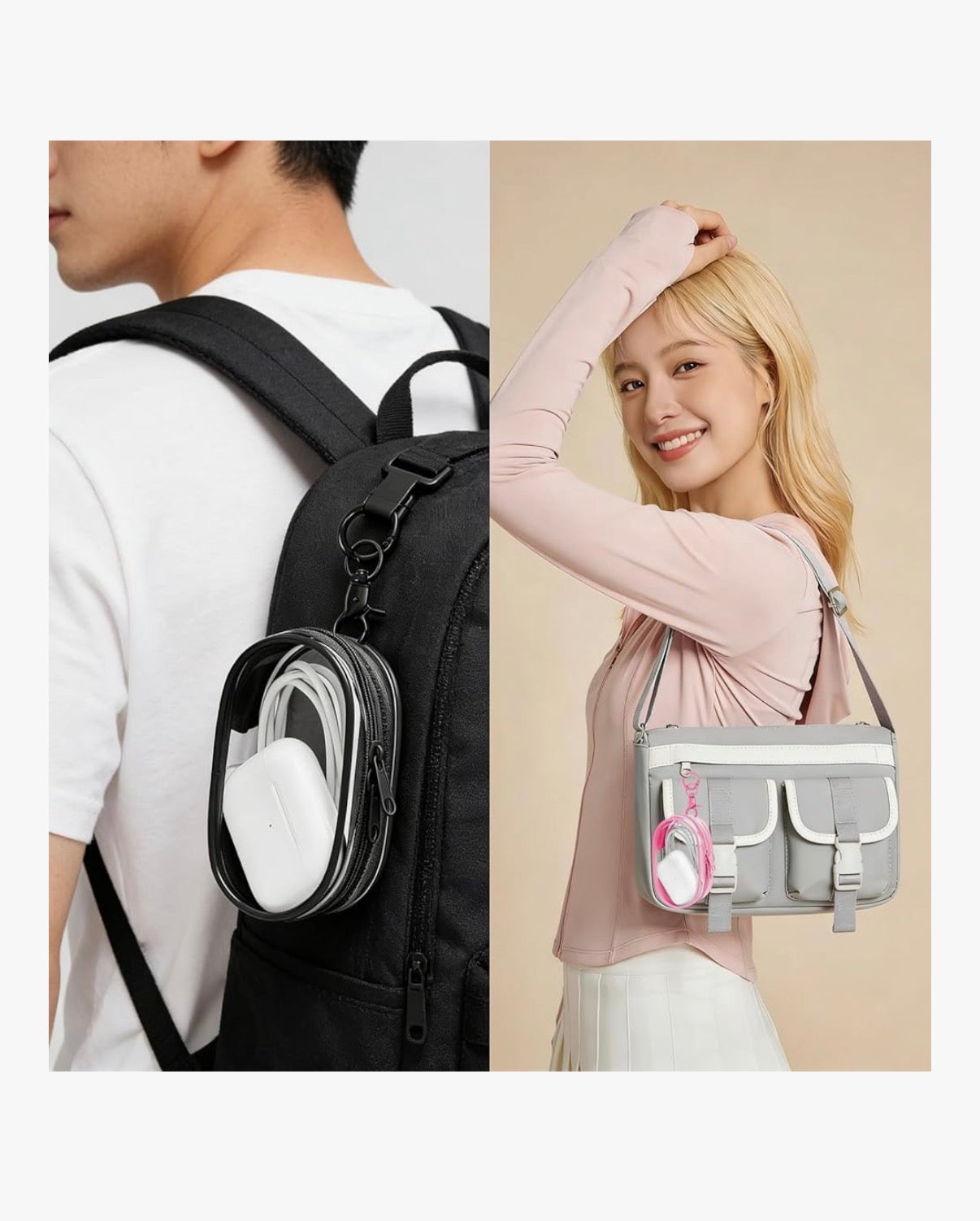 Clear Mini Clip Case with Clip | Cute Earbud & Accessory Pouch Black or White